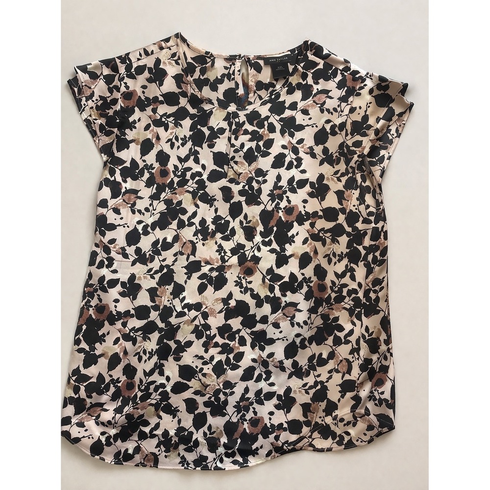 Ann Taylor Womens XS Floral Cap Sleeve Blouse Pink Black Leaf Print Keyhole Back